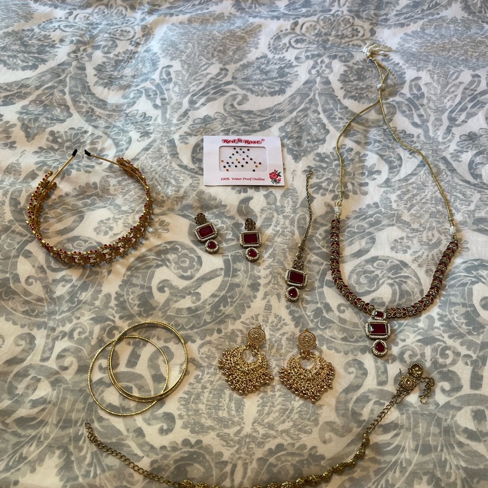 Elegant Gold and Red Jewelry Set- Indian Fashion Jewelry